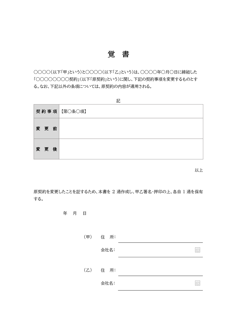 覚書テンプレート02「契約事項の一部を変更する場合」（Word）過去に締結した契約書の契約事項の一部を変更する場合